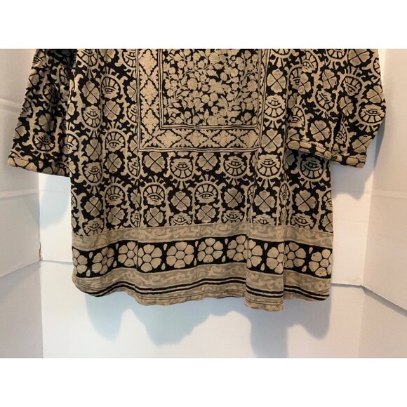 Lucky Brand Tunic Top Women's M Black Tan Boho Paisley Print Stretch 3/4 Sleeves - Picture 7 of 9